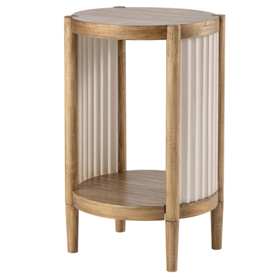 Modern Farmhouse Round End Table with Solid Fir Wood Legs, Fluted White Panels Accent Side Table with Open Shelf for Living Room, Bedroom, Small Spaces, Bedside Table